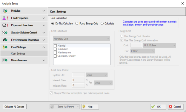 The Default state of the Cost Settings panel in the Cost Settings Group of the Analysis Setup window